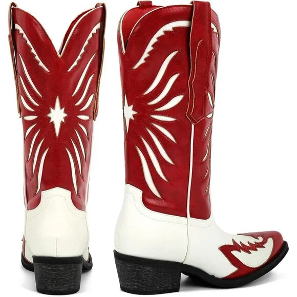Women's Red Faux Leather Mid Calf Knee High Western Cowgirl Boots Pointed Toe - Picture 4 of 6